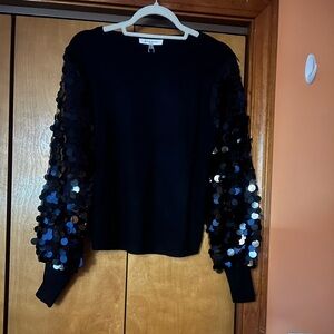 Aqua Black Top with Sequin Sleeves
